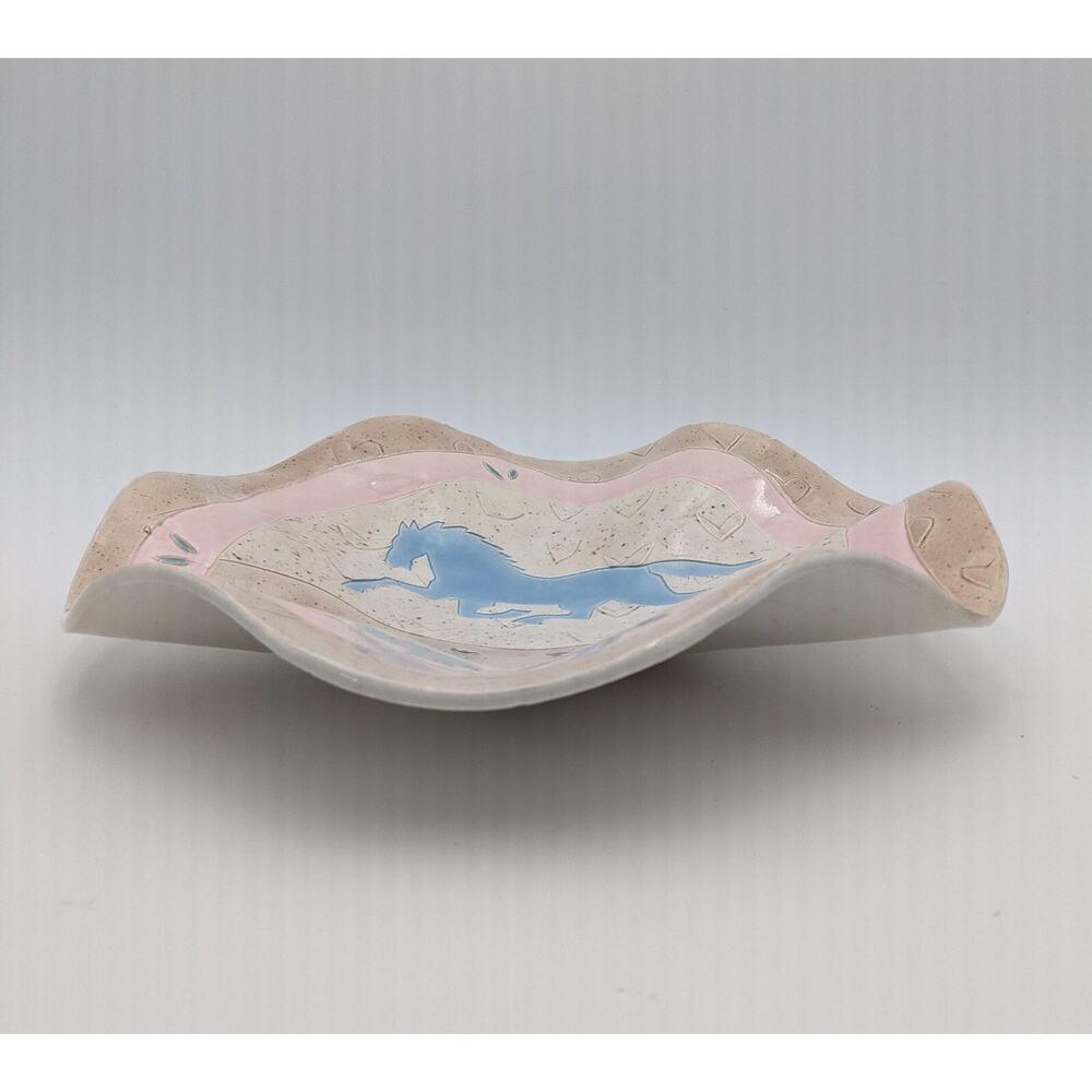 Vintage 1987 Barbara Demery Southwest Ceramic Shallow Bowl – Blue Horse-Signed - Picture 3 of 12